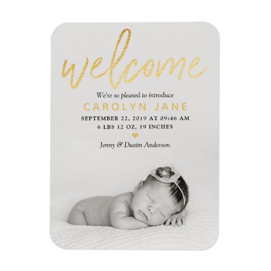 "Welcome" Gold Foil Foto Geburtserklärung Magnet (Vertikal)