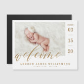Welcome Gold Script Baby Birth Stats & Foto Magneteinladung (Vorne/Hinten)