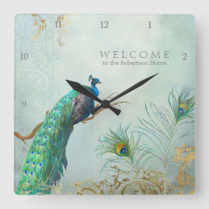 Welcome Guest Family Room Peacock n Feathers Art Quadratische Wanduhr