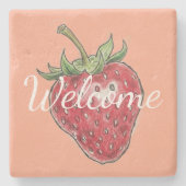 Welcome hand drawn strawberry pink red modern steinuntersetzer (Vorderseite)