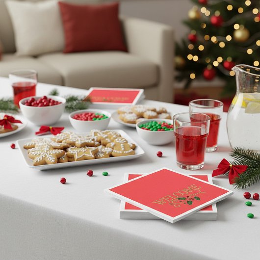 Welcome holly christmas guest serviette