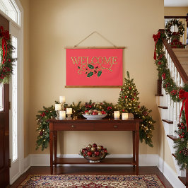 Welcome holly christmas guest  wandteppich mit holzrahmen