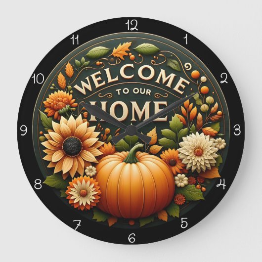 Welcome Home Floral Pumpkin Autumn Große Wanduhr (Vorderseite)