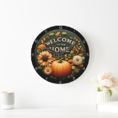 Welcome Home Floral Pumpkin Autumn Große Wanduhr (Zuhause)