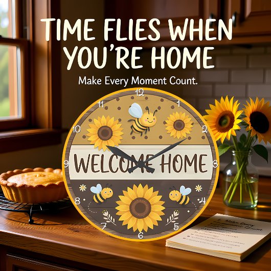 Welcome Home Sunflower Bee Große Wanduhr