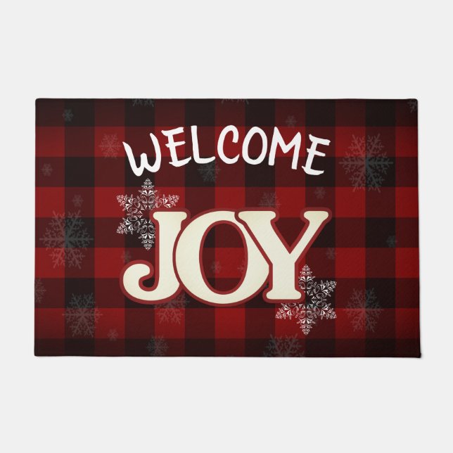 WELCOME JOY Elegantes Rotes Büffel kariertes Weihn Fußmatte (Vorderseite)