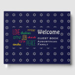 WELCOME Liebe Joce Peace Hebrew Personalisiert Blu Gästebuch<br><div class="desc">Behalt die Erinnerungen Deiner besonderen Ansammlungen lebendig, indem du die Gedanken deiner Gäste in diesem dezent stilvollen, dunkelblauen und grauen Gästebuch sammelst. Der Platzhaltertext ist anpassbar, sodass Sie die Beschreibung z.B. in Ihren Familiennamen ändern können. Die Worte LIEBE JOY PEACE sind auch auf Hebräisch geschrieben (und farbkodiert). Geeignet für Hanukkah,...</div>