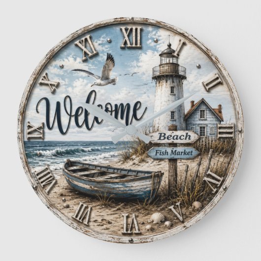 Welcome Lighthouse Coastal Nautical Beach House  Große Wanduhr (Vorderseite)