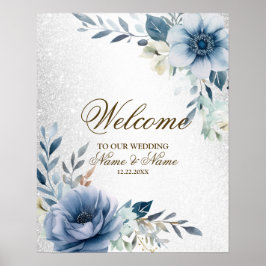 Welcome Party Dusty Blue Watercolor Blume Silver Poster