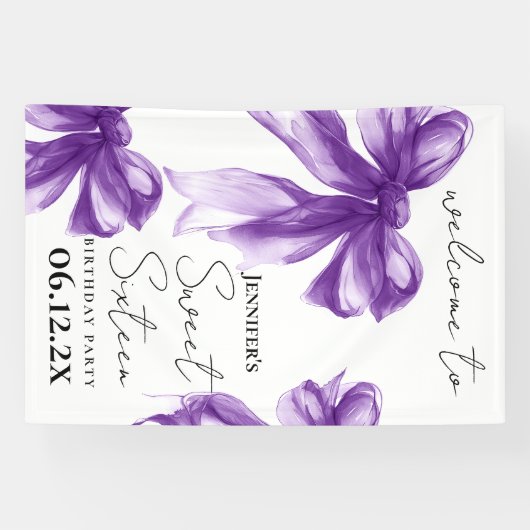 Welcome Purple Bow Coquette Script Sweet 16 Banner (Horizontal)