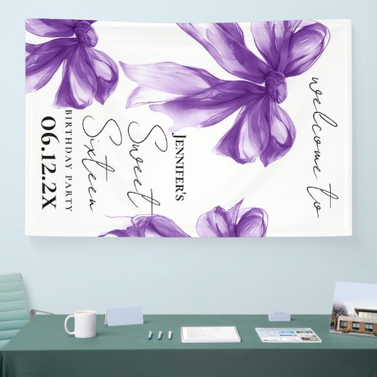 Welcome Purple Bow Coquette Script Sweet 16 Banner (Messe)