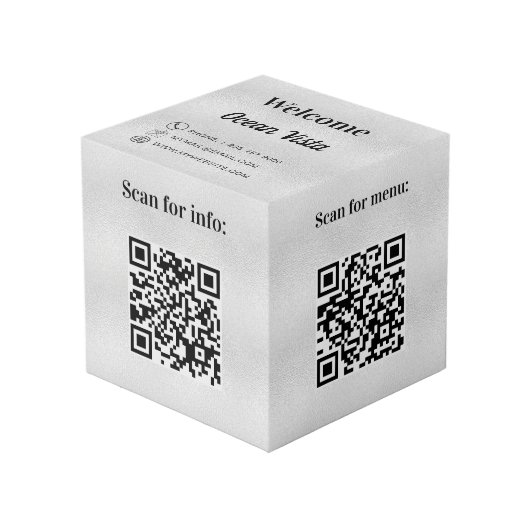 Welcome QR-Code Info Hotel Restaurant Silber Würfel (Vorderseite Schrägansicht)