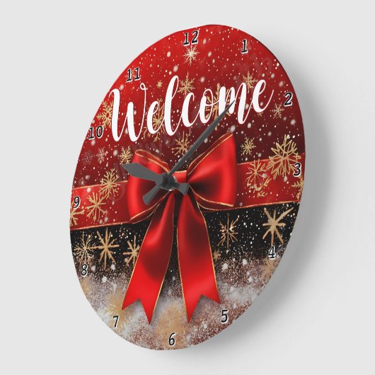 Welcome Red Bow Snowflake Große Wanduhr (Winkel)