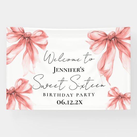 Welcome Rose Gold Bow Coquette Script Sweet 16 Banner (Horizontal)