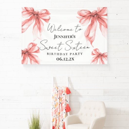 Welcome Rose Gold Bow Coquette Script Sweet 16 Banner (InSitu)