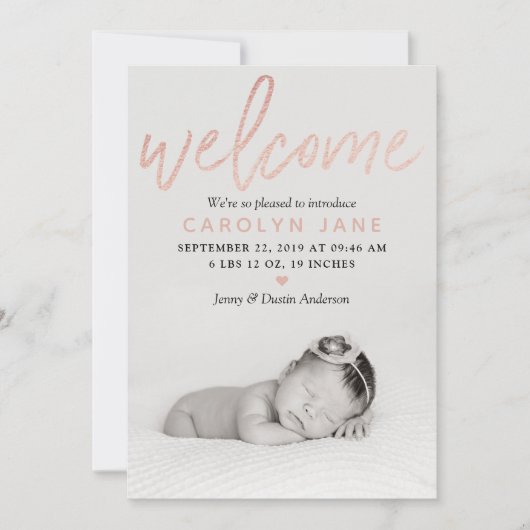 "Welcome" Rose Gold Foil Foto Geburtserklärung Ankündigung (Vorderseite)