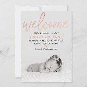 "Welcome" Rose Gold Foil Foto Geburtserklärung Ankündigung