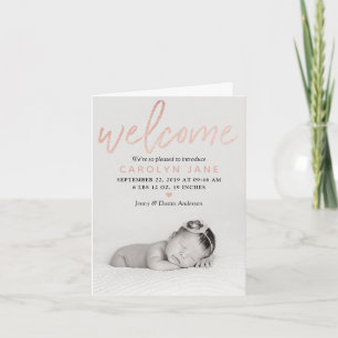 "Welcome" Rose Gold Foil Foto Geburtserklärung Feiertagskarte