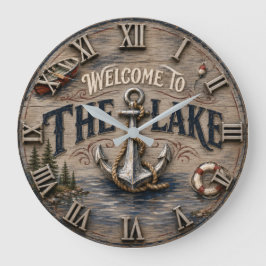 Welcome to the Lake Rustic Anchor Nautical Große Wanduhr