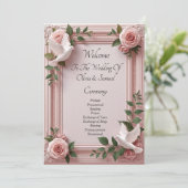 Welcome to Wedding Ceremony, Pink Roses & Doves  (Stehend Vorderseite)