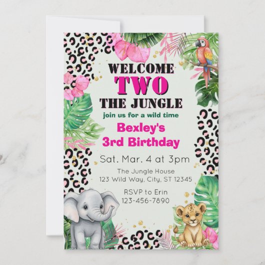Welcome TWO Jungle Pink 2nd Birthday Einladung (Vorderseite)