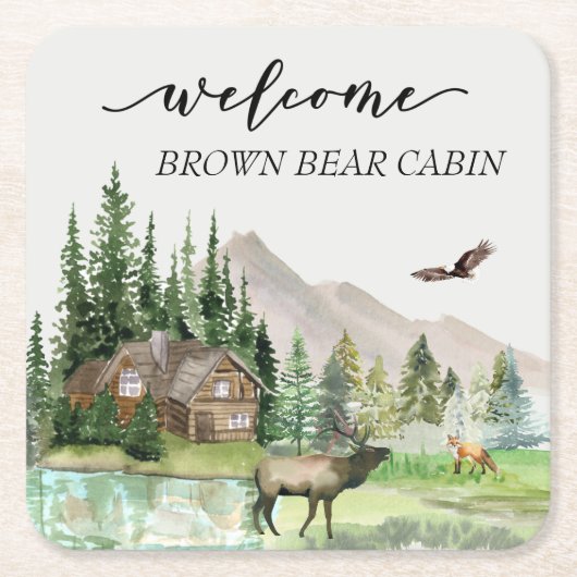 Welcome Watercolor Forest Cabin Zuhause Rental Rechteckiger Pappuntersetzer (Vorderseite)