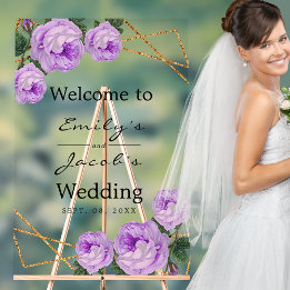 Welcome Wedding Gold Glitzer Geo Lila Floral Acrylschild