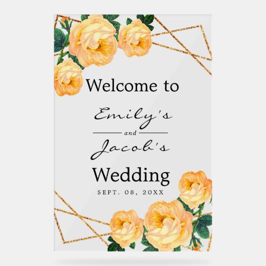 Welcome Wedding Gold Glitzer Geo Orange Floral Acrylschild (Vorderseite)