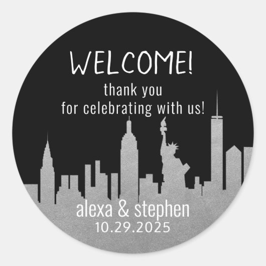 Welcome Wedding New York City NYC Skyline Silver C Runder Aufkleber (Vorderseite)