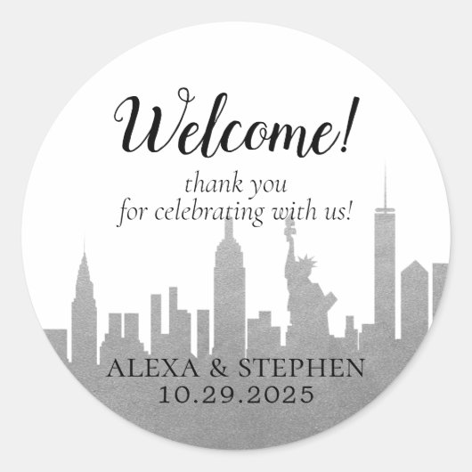 Welcome Wedding New York City NYC Skyline Silver Runder Aufkleber (Vorderseite)