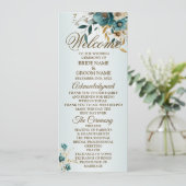 Welcome Wedding Party Türkis Blume Gold Blätter Programm (Stehend Vorderseite)
