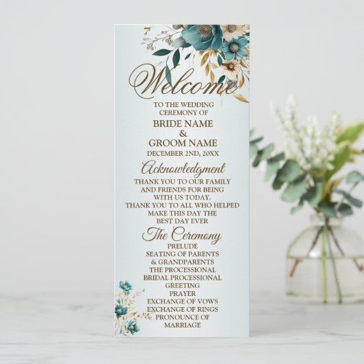 Welcome Wedding Party Türkis Blume Gold Blätter Programm (Stehend Vorderseite)