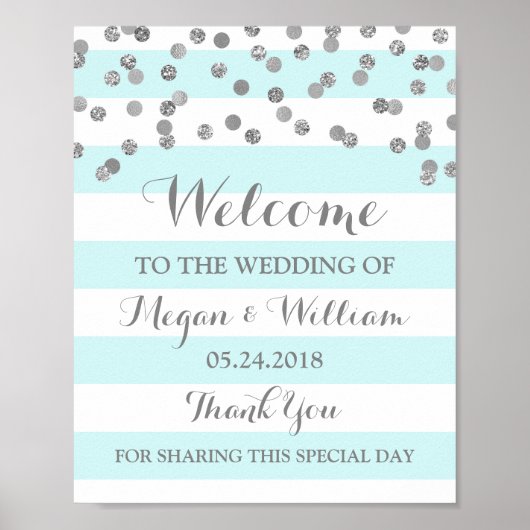 Welcome Wedding Sign Blue Streifen Silver Confetti Poster (Vorne)