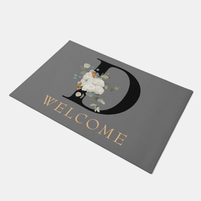 WELCOME White Floral Gold Accelerator Monogram D Fußmatte (Schrägansicht)