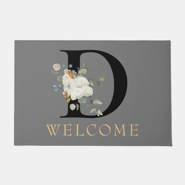 WELCOME White Floral Gold Accelerator Monogram D Fußmatte (Vorderseite)