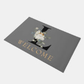 WELCOME White Floral Gold Accelerator Monogram L Fußmatte (Schrägansicht)