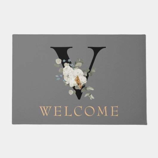 WELCOME White Floral Gold Accelerator Monogram V Fußmatte (Vorderseite)