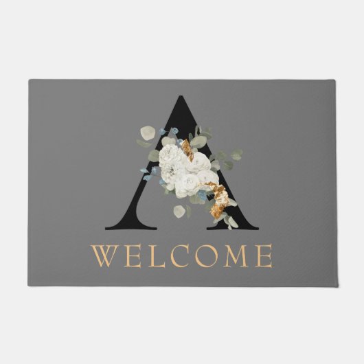 WELCOME White Floral Gold Akzente Monogramm A Fußmatte (Vorderseite)