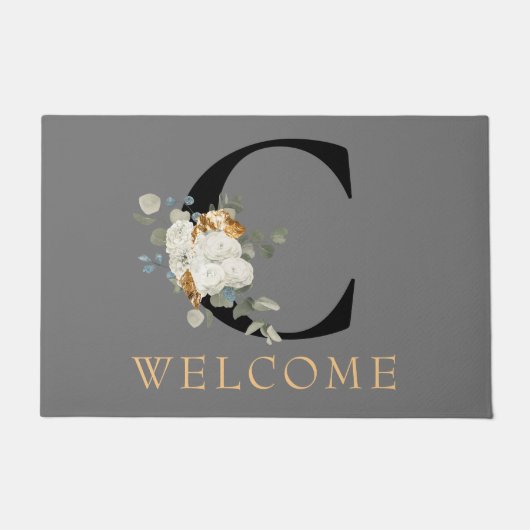 WELCOME White Floral Gold Akzente Monogramm C Fußmatte (Vorderseite)