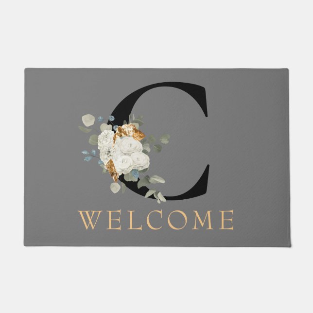 WELCOME White Floral Gold Akzente Monogramm C Fußmatte (Vorderseite)