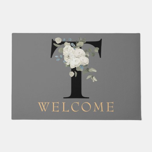 WELCOME White Floral Monogram T Doormat Fußmatte (Vorderseite)