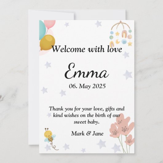 Welcome with love baby announcement round photo einladung (Rückseite)