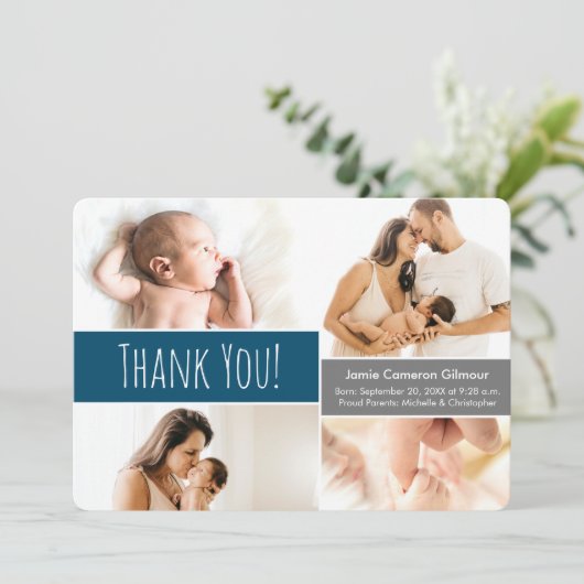 Welcome Zuhause Baby Foto Collage Dunkelblau Dankeskarte (Stehend Vorderseite)