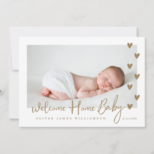 Welcome Zuhause Baby Modern Minimal Gold Hearts Fo Ankündigung (Vorderseite)