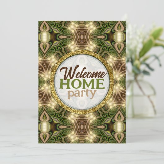 Welcome Zuhause Batik Earth Green Gold Forest Part Einladung (Stehend Vorderseite)