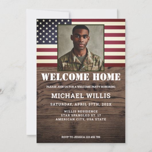 Welcome Zuhause Party Soldier Custom Foto USA Flag Einladung (Vorderseite)