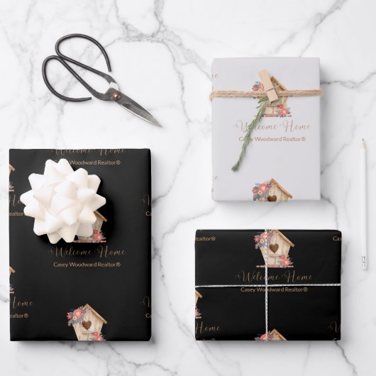 Welcome Zuhause Realtor Personalisiert in Schwarz Geschenkpapier Set (Vorderseite)