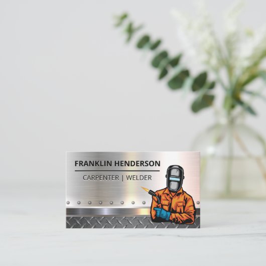 Welder mit Blow Torch | Metallic Visitenkarte (Stehend Vorderseite)