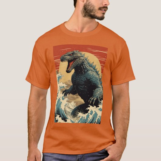 Welle und Godzilla T-Shirt (Vorderseite)