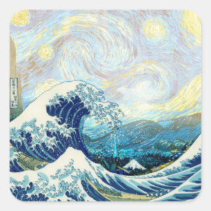 WELLE VON KANAGAWA IN STERNENKLARE NACHT HINTERGRU QUADRATISCHER AUFKLEBER